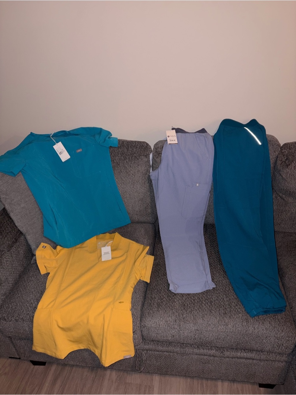 Figs Women's Scrub Tops & Pants in Teal, Mustard, Light Blue, and Deep Teal